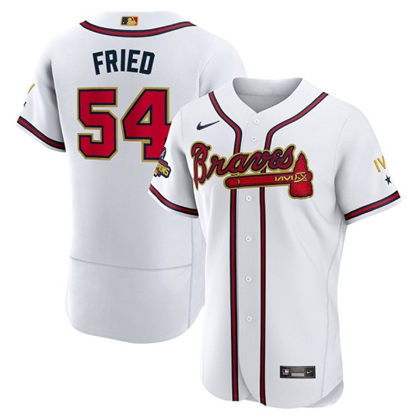 Men's Atlanta Braves #54 Max Fried 2022 White/Gold World Series Champions Program Flex Base Stitched Baseball Jersey